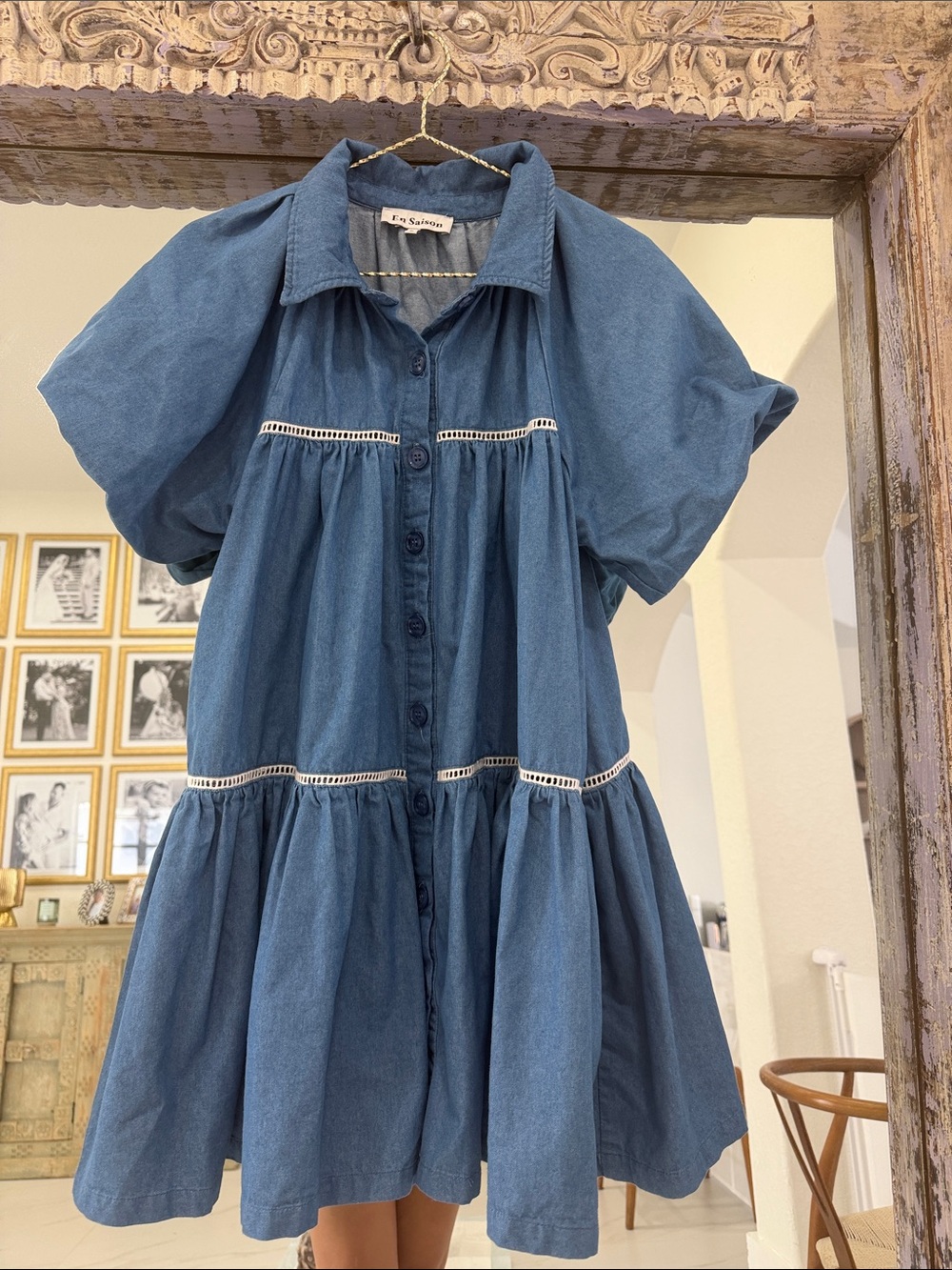En Saison Blue Denim Mini Dress with Lace Trim